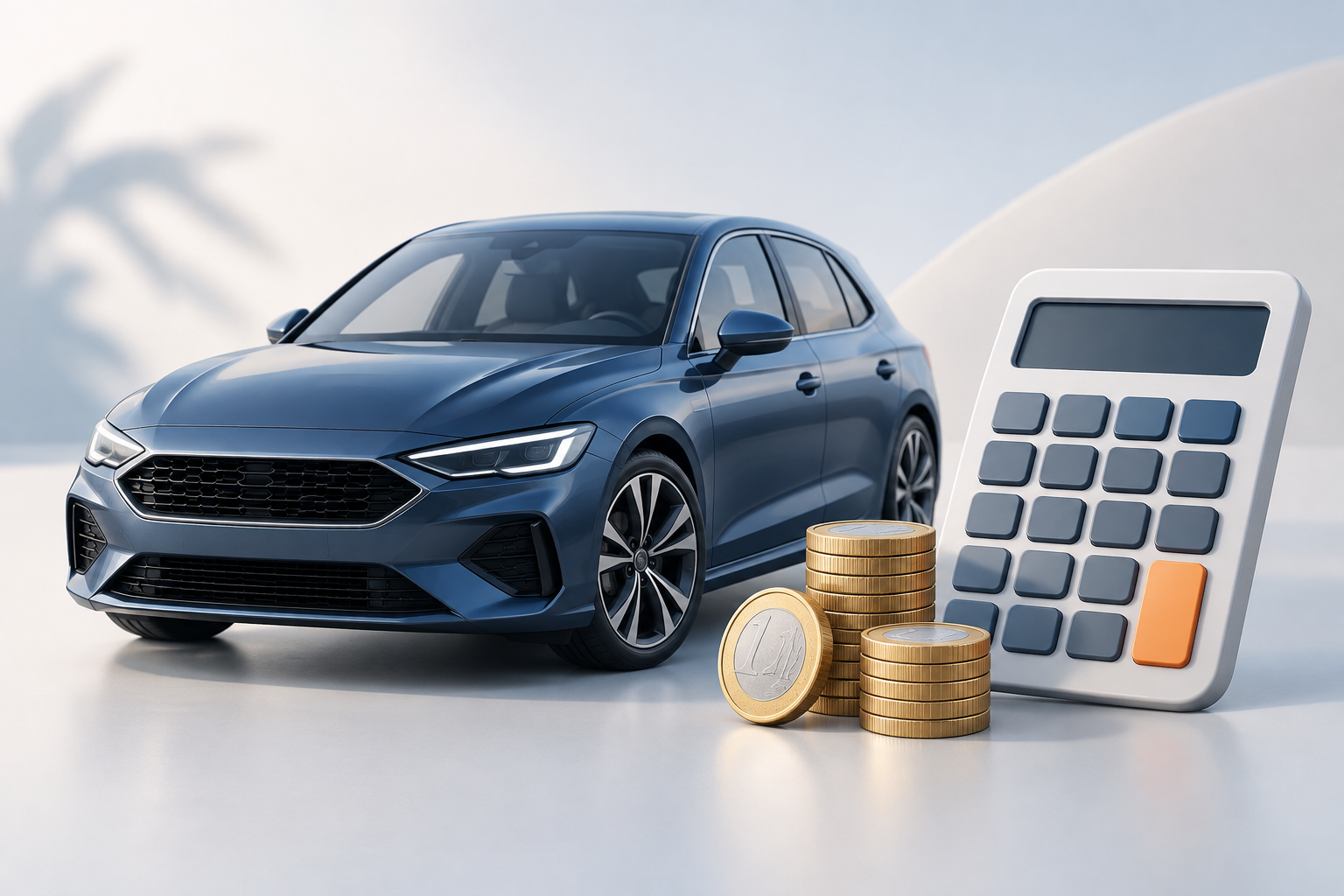 Car, calculator and euro coins representing an import tax estimate