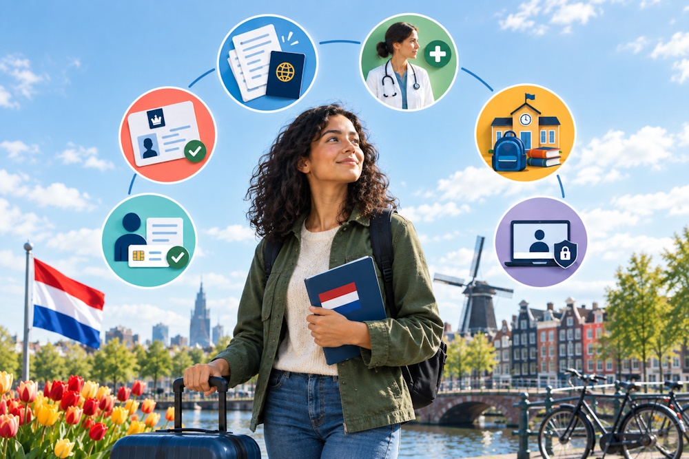 Expat with a suitcase in Amsterdam, surrounded by icons for residence permit, documents, healthcare, school and DigiD deadlines