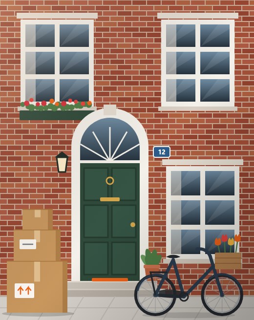 Front door of a Dutch home with moving boxes