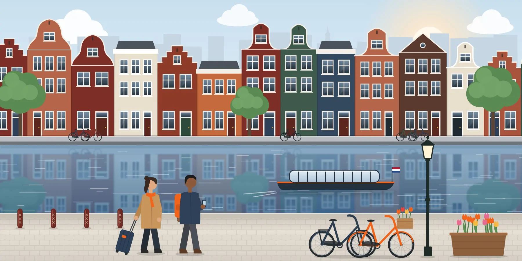 Expats arriving along an Amsterdam canal